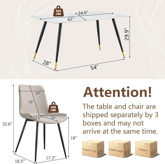White Modern Dining Table Set for 4, 62'' Rectangular Sintered Stone Table with 4 Chairs