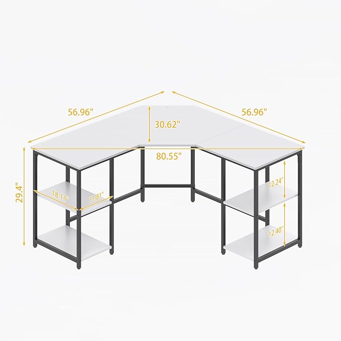 Elephance L-Shaped Desk with Shelves, Computer Corner Desk, Home Office Writing Workstation, Gaming Desk PC Laptop Table with Storage