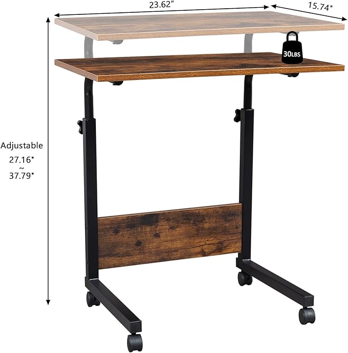 Goujxcy Sofa Side Table C Shaped End Table with Wheels, Rolling Bedside Laptop Table Snack Table TV Tray, Height Adjustable, Wooden Top & Metal Frame