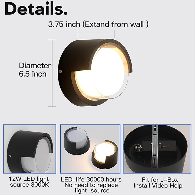 Outdoor Wall Light 4 Pack - Minimal Design Wall Sconce - Modern Black Round Lights - Warm 3000K - For Corridor