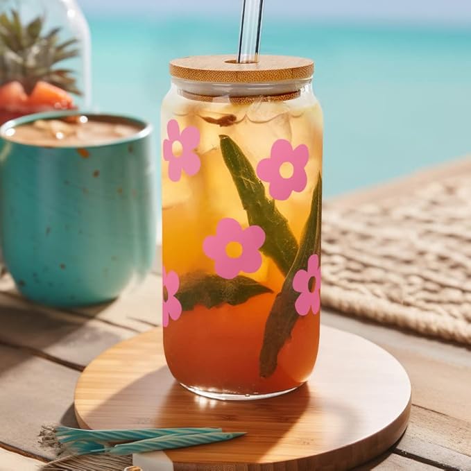 Mason Life Glass Cups with Lids and Straws, 20OZ Can Shaped Glass Cups, Drinking Glasses, Iced Coffee Glasses Cup, Smoothie Cups, Tumbler Glass, Reusable Iced Coffee Cup Drinking Glasses -Set of 2