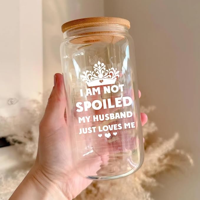 16oz Glass Cup with Lid and Straw - Perfect Wife Gifts for Anniversaries, Birthdays, or Christmas