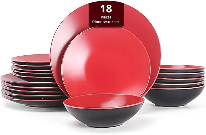 Stoneware Two-Tone Colors Life 18pc Dinner Set，Outside Shiny Black + Inside Matte Glaze Red