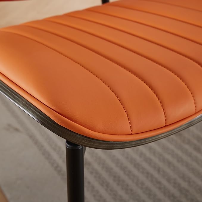 Dining Chairs Set of 4, Mid Century Modern Accent Dining Room and Kitchen Chairs, Upholstered PU Leather Vertical Stripe Chairs for Vanity with Walnut Bentwood and Metal Legs, Orange