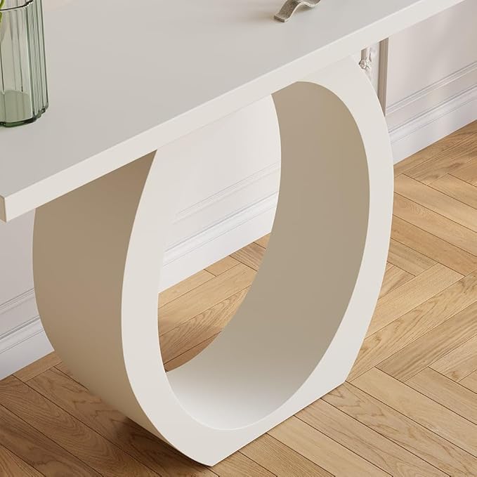LOVEDIMA 39.4" Modern Entryway Console Table - Slim White Wooden Design with Circle Base, Space-Saving for Hallway, Living Room & Small Spaces (Easy Assembly) (White)