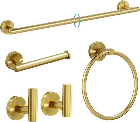 Brushed Gold Bathroom Hardware Set, 18 Inch SUS304 Stainless Steel Bath Towel Bar Set, Bathroom Accessories Set, Towel Rack, Towel Ring, Toilet Paper Holder, Robe Towel Hooks, 5-Pieces