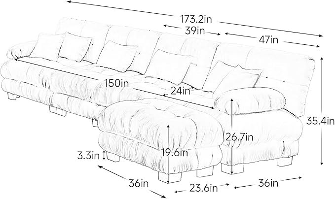 173.2" Oversized Couch, 4 Seater Modular Sectional Sofa, Grey Large L Shaped Fluffy Couch Set, Chenille Cloud Couches with Ottoman, Deep Seat Sofas for Living Room