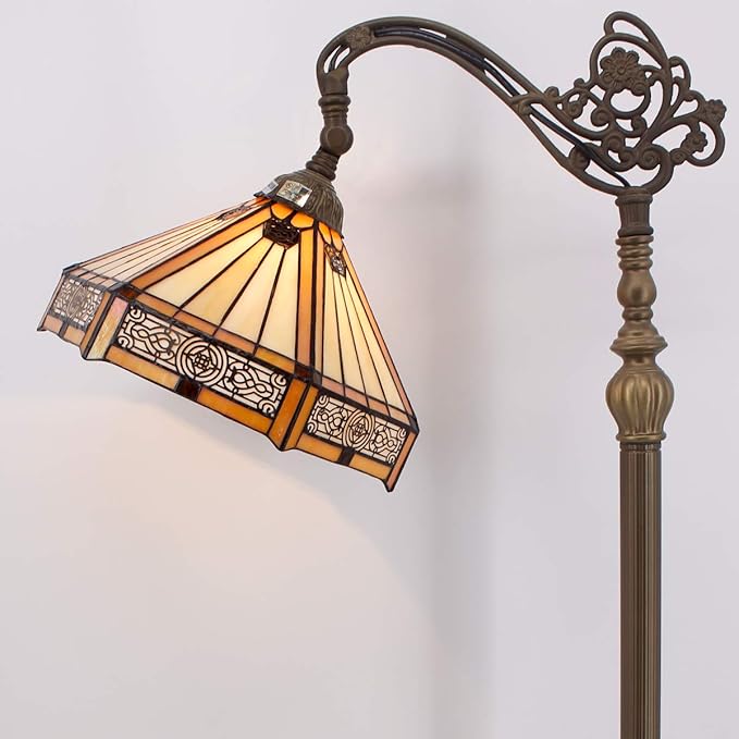 WERFACTORY Tiffany Floor Lamp Mission Hexagon Stained Glass Arched Lamp 12X18X64 Inches Gooseneck Adjustable Corner Standing Reading Light Decor Bedroom Living Room S011 Series