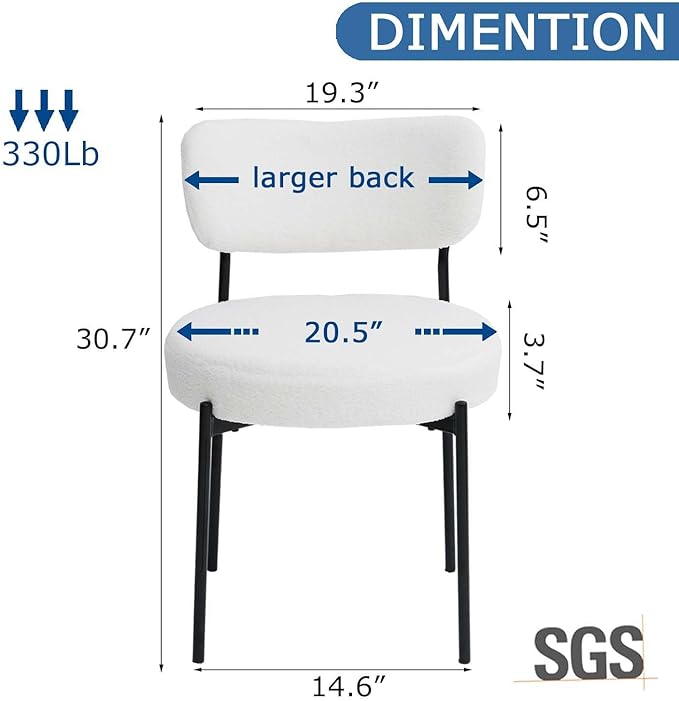 White Boucle Dining Chairs Set of 4, Upholstered Dinner Chair with Metal Frame, Dining Room Chairs with Padded Seat, Round Modern Seating for Living Room