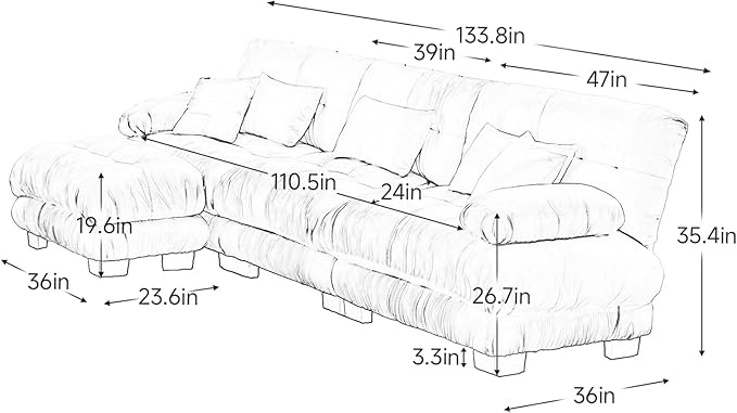 133.8" Oversized Couch, 3 Seater Modular Sectional Sofa, Pink Large L Shaped Sectional Fluffy Couch Set, Chenille Cloud Couch with Ottoman, Deep Seat Sofas for Living Room