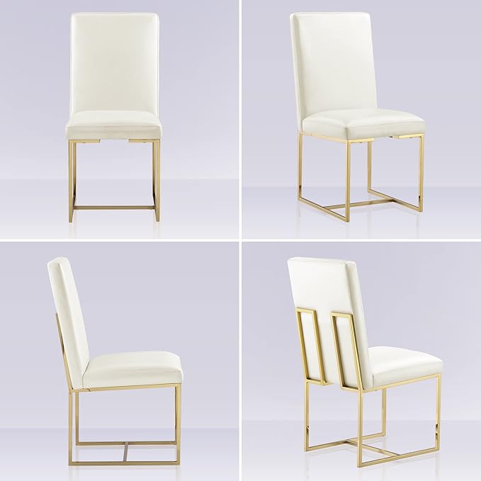 AUZ Dining Chairs Set of 8, White Faux Leather Dining Room Chairs with Gold Stainless Steel Sled Legs