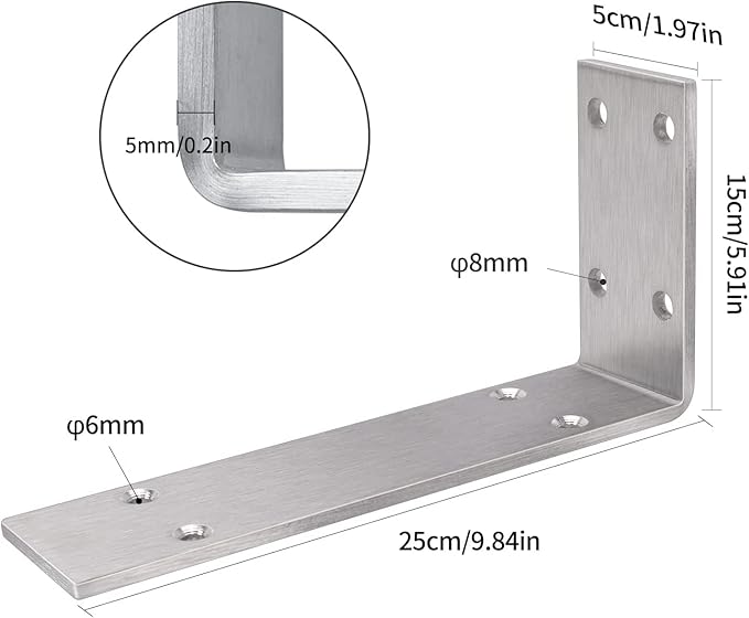 YUMORE Stainless Steel L Bracket, 10x6x2 in Shelf Brackets Heavy Duty, 1/5IN Extra Thick Solid Countertop Bar Top Support Brackets Wall Mounted, 2 Pack