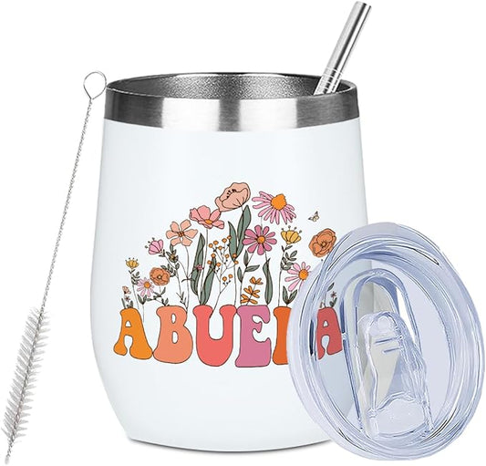 Abuela Grandma Birthday Gifts Wine Tumbler 12 oz Insulated Wine Glass Cup with Lid Straw Vacuum Insulated Travel Cup,Grandma Gifts from Granddaughter for Women Grandmother Christmas Mothers Day