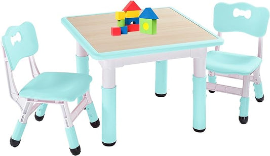 FUNLIO Kids Table and 2 Chairs Set, Height Adjustable Toddler Table and Chair Set for Ages 3-8, Easy to Wipe Arts & Crafts Table, for Classrooms/Daycares/Homes, CPC & CE Approved (3pcs Set) - Green