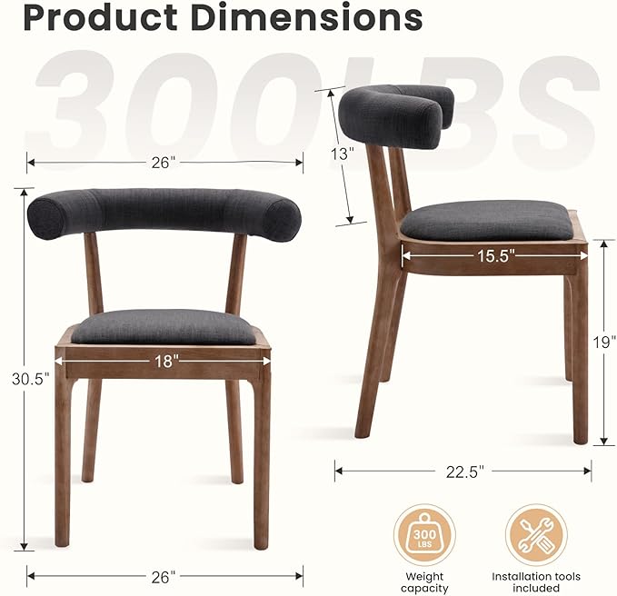 Kmax Dining Room Chairs Mid-Century Modern Fabric Kitchen Chairs with Natural Walnut Finished Frame, Linen Curved Back, 2-Pcs Set, Charcoal Black