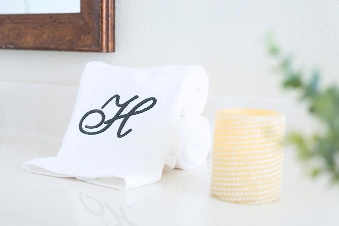 White Monogrammed Hand Towels for Bathroom - Luxury Hotel Quality Personalized Initial Embroidered Towel for Powder Room, Spa - GOTS Organic Certified - Set of 2 Dark Gray Letter H