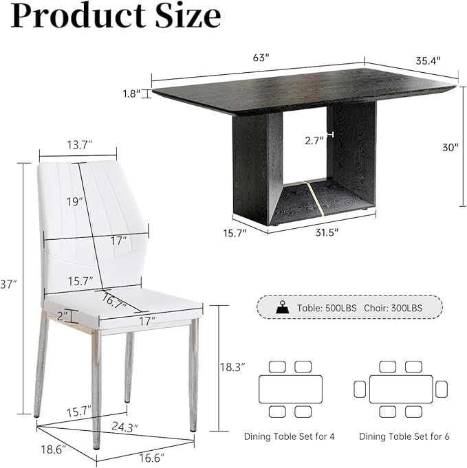 63" Modern Black Dining Table Set for 4 with Chairs, 5 Piece Rectangular Dining Room Table and 4 PU Leather Chairs, Kitchen Dining Set with Matte Wood Finish, Geometric Base, Easy Assembly