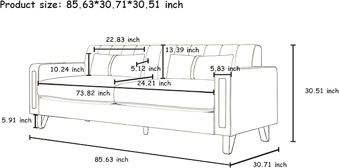 Couch 85.62" 3 Seats Sectional Velvet Fabric Sofa Easy Assemble Sofa Bed with 2 Couch Pillows,Gold Metal Legs for Living Room (P17, Black（3+3+1）)