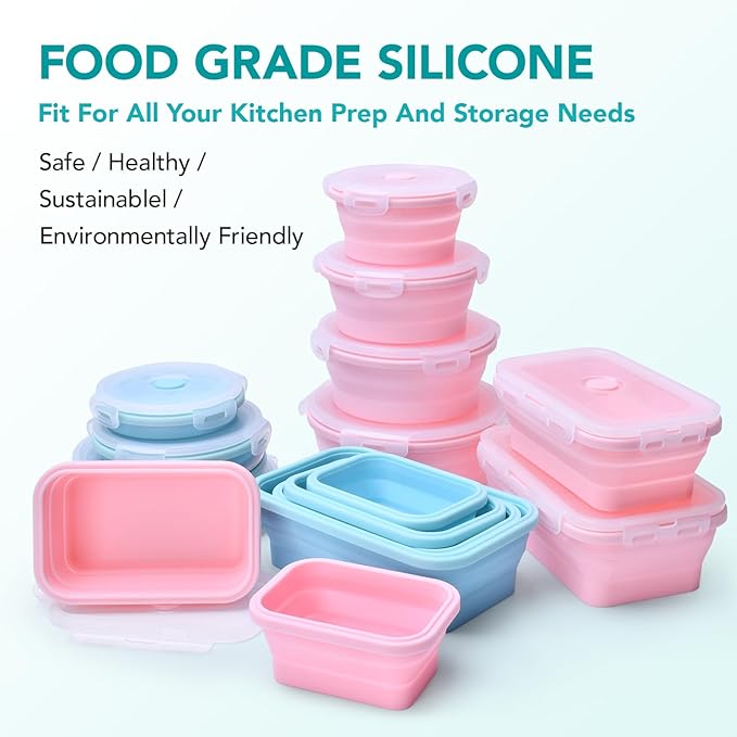 Square Collapsible Silicone Food Storage Containers 4-Piece Set, Air-Tight Leak-Proof Collapsible Bowls with Lids for Meal Prep, Office Lunch & Camping, Space-Saving Stackable Design(Blue)
