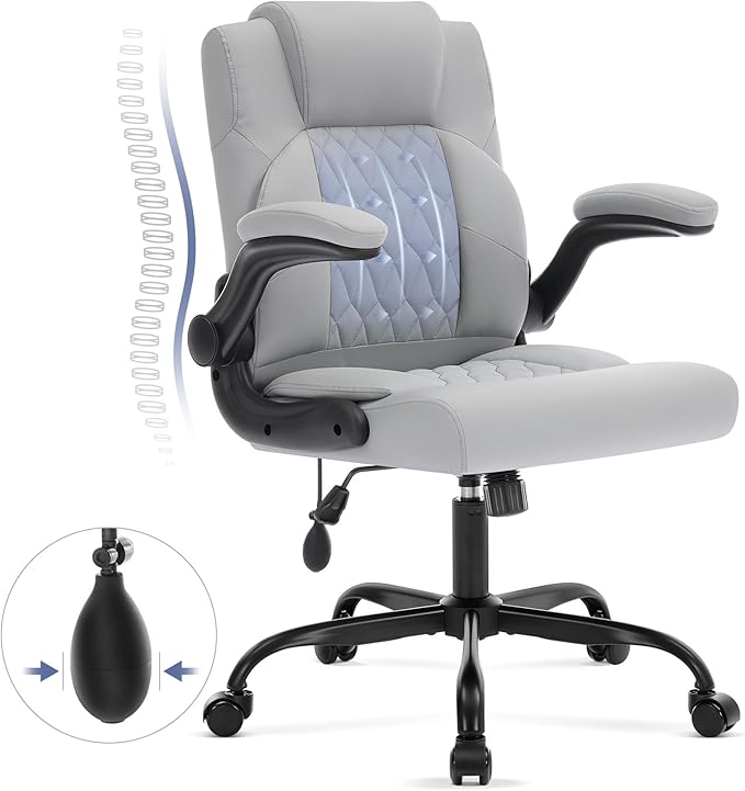 Office Chair with Adjustable Lumbar Support,Leather Ergonomic Computer Desk Chair with Flip-up Arms,Adjustable Tilt Lock,Swivel Rolling Executive PC Chair for Work, Study,Meeting,Small Space.Grey