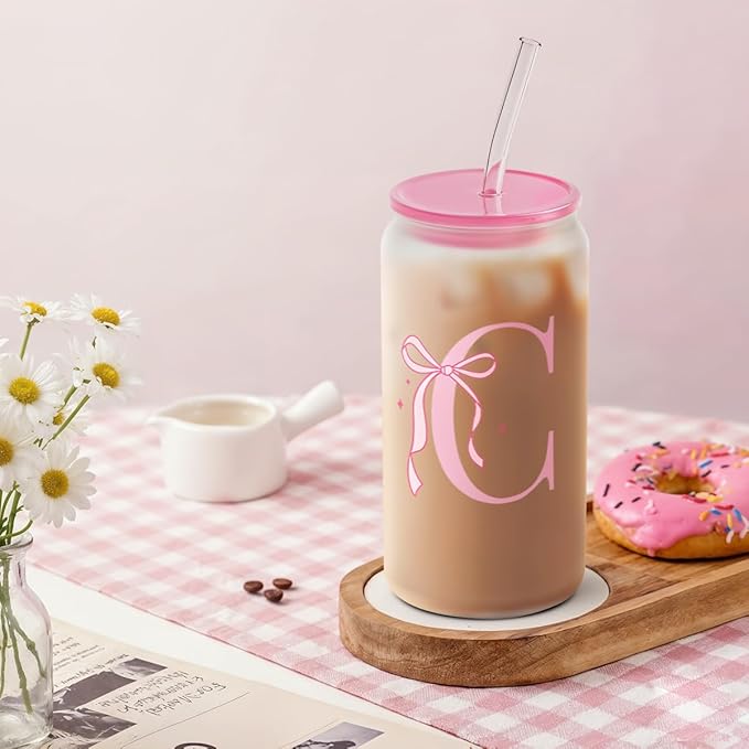 SANDJEST Monogrammed Glass Drinking Can Cup with Acrylic Lid and Straw, Personalized Frosted Iced Coffee Tumbler 16oz, Monogram Initial Gifts for Women Girls on Birthday (C)