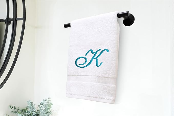 White Monogrammed Hand Towels for Bathroom - Luxury Hotel Quality Personalized Initial Embroidered Towel for Powder Room, Spa - GOTS Organic Certified - Set of 2 Teal Letter K