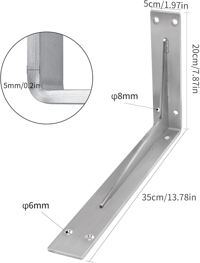 YUMORE Shelf Bracket Heavy Duty 14x8x2 in, 1/5IN Extra Thick Solid L Brackets Stainless Steel Countertop Bar Top Support Brackets Wall Mounted, Includes Hardware, 2 Pack
