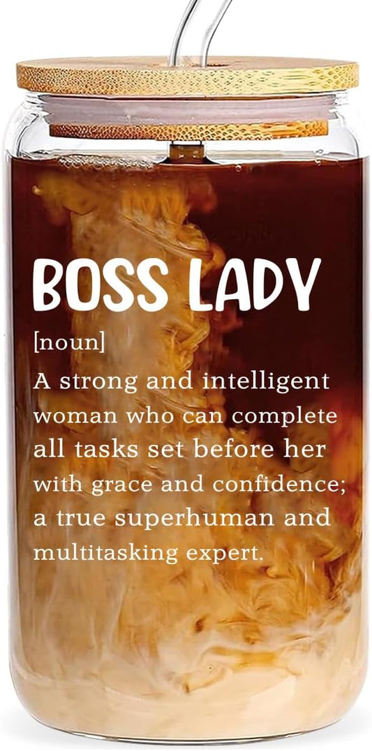 Boss Lady Glass Cup - 16oz with Lid and Straw, Thank You Boss Gift, Coworker Farewell Present