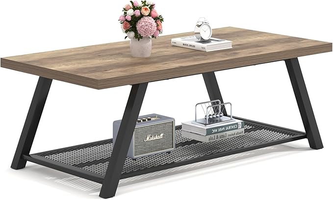 FOLUBAN Coffee Table, Modern Rustic Wood and Metal Center Table with Storage, Industrial Cocktail Tea Table for Living Room, Oak, 47 Inch