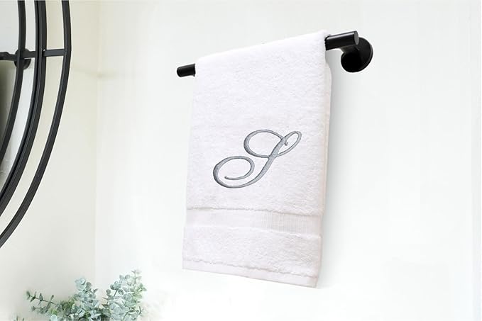 White Monogrammed Hand Towels for Bathroom - Luxury Hotel Quality Personalized Initial Embroidered Towel for Powder Room, Spa - GOTS Organic Certified - Pack of 2 Silver, Letter S