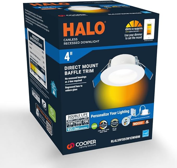 HALO RL 4-Inch Indoor/Outdoor Canless LED Recessed Lighting Downlight with Selectable Color Temperatures - RL4069FSD2W1EWHDM