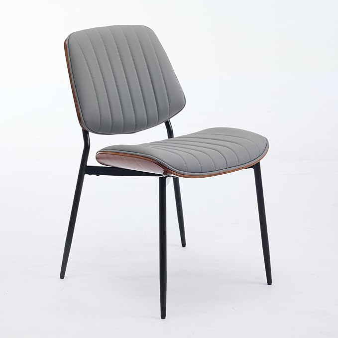 Dining Chairs Set of 4, Mid-Century Modern Upholstered PU Leather Chairs with Walnut Bentwood Back and Metal Legs Adjustable Feet for Kitchen Dining Room, Gray Vertical Stripes