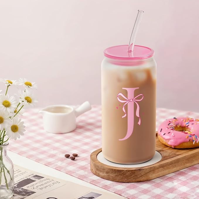 SANDJEST Monogrammed Glass Drinking Can Cup with Acrylic Lid and Straw, Personalized Frosted Iced Coffee Tumbler 16oz, Monogram Initial Gifts for Women Girls on Birthday (J)