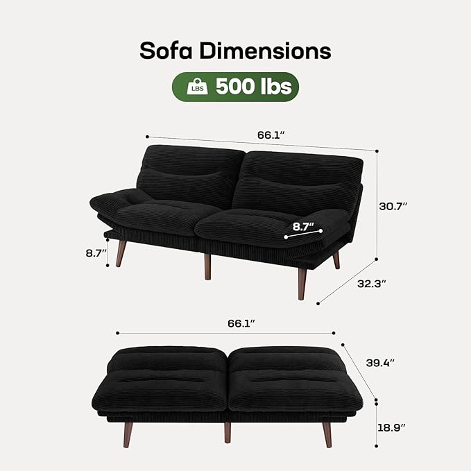 Marsail Futon Sofa Bed, Futon Couch with Adjustable Backrest & Armrests, Convertible Small Sleeper Sofa Bed for Small Apartments, Study Room, Office, Corduroy Loveseat, Black
