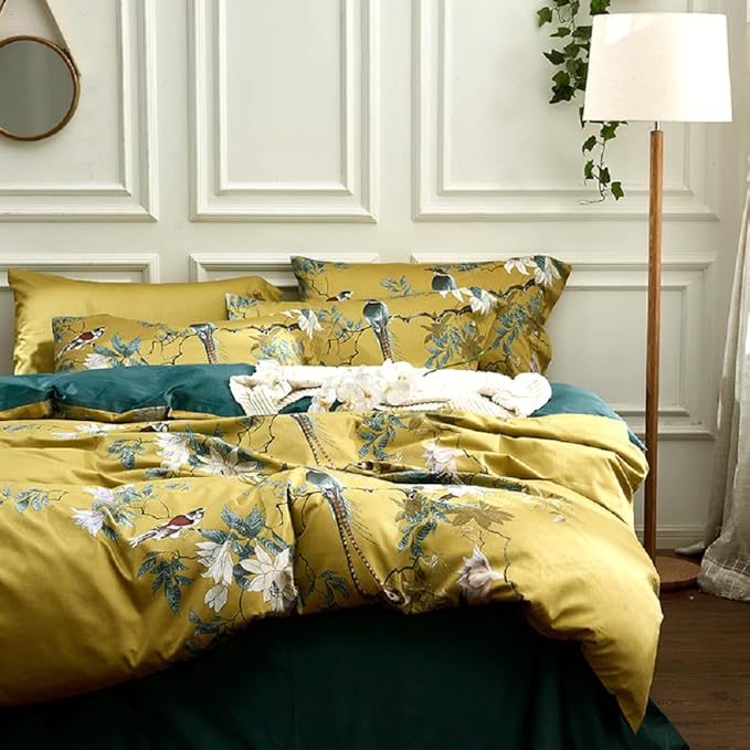 LifeTB Vintage Floral Duvet Cover Set Queen 3 Pieces Birds Flowers Pattern Duvet Cover Luxury Soft Cotton Floral Comforter Cover Garden Style Bird Flowers Bedding Set Queen Size Breathable