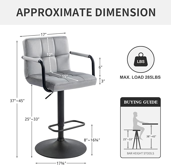 Furnimart Adjustable Bar Stool Swivel Barstools Set of 2 Counter Stools with Armrest and Footrest Upholstered Bar Chairs for Kitchen and Dining Room (Velvet-Grey)