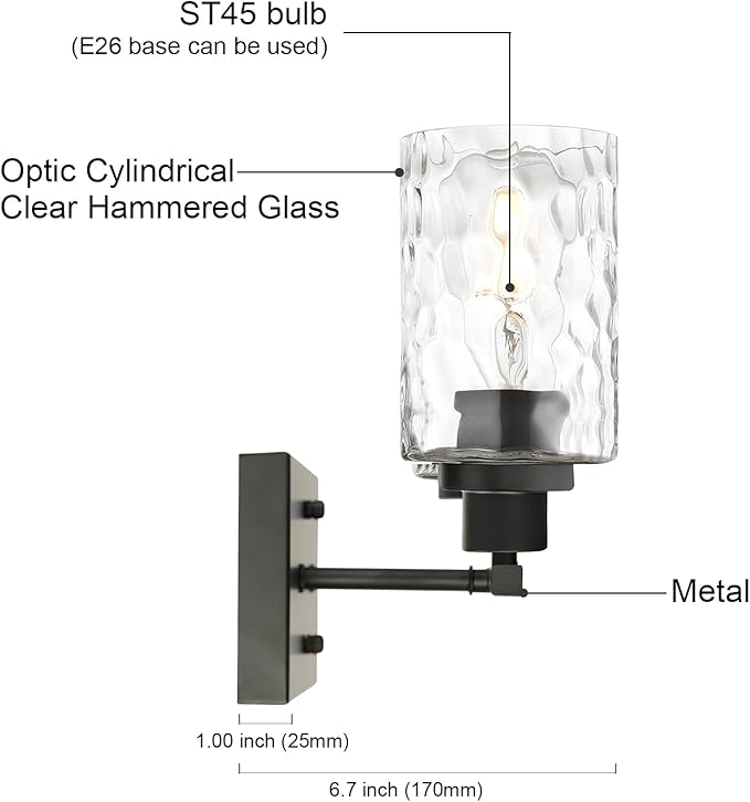 MELUCEE 3-Light Bathroom Light Fixtures, Vanity Lights Over Mirror Black Finish with Hammered Glass, Industrial Wall Light Fixture Suitable for Living Room Porch Kitchen (Patent No.: US D963914 S)