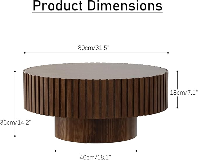 Round Coffee Table for Living Room, 31.5'' Modern Handcraft Drum Coffee Table Unique Fluted Coffee Tables Wood Center Table End Table for Small Space, Farmhouse Apartment Office (Round Brown)