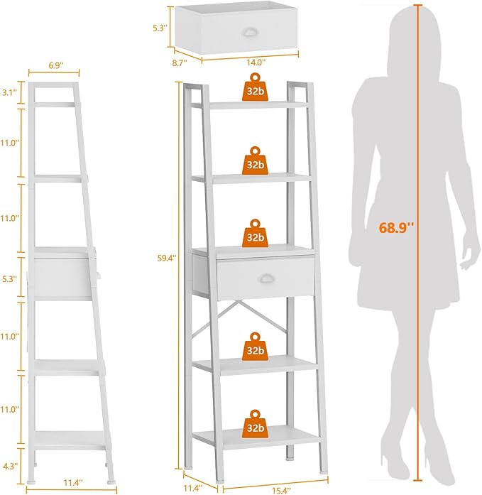 Furologee 5 Tier Bookshelf, Ladder Shelf with Drawer, Tall and Narrow Bookcase, Storage Shelves Organizer,Industrial Display Standing Units for Bathroom,Kitchen,Bedroom,Living Room,White