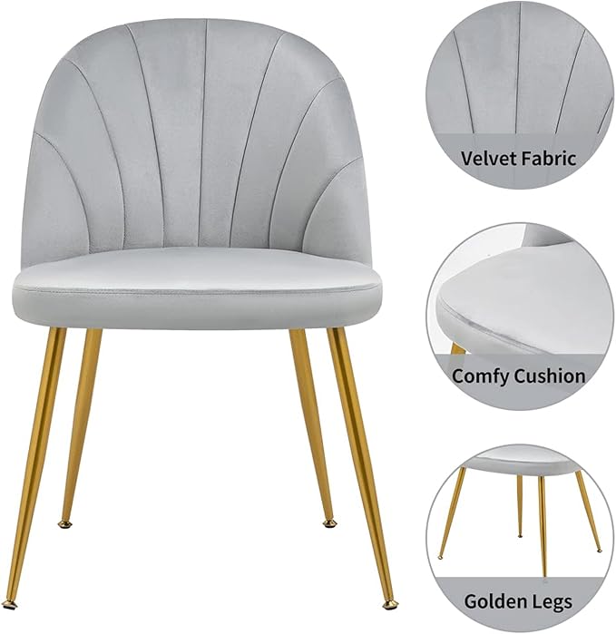 Velvet Dining Chairs Set of 6, Upholstered Mid Century Modern Dining Chairs, Armless Accent Chair with Metal Gold Legs for Living Room, Kitchen, Dining Room, Grey