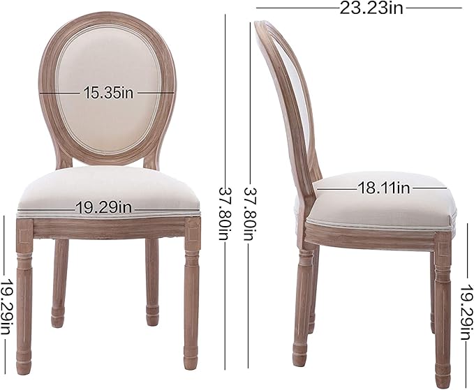 Nrizc French Dining Chairs Set of 6, French Country Dining Chair, Vintage Farmhouse Dining Chairs with Round Back, Solid Wood Beige Fabric Dining Room Chairs, for Kitchen, Bedroom, Dining Room