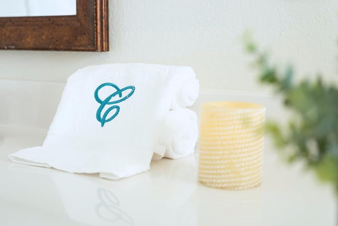 White Monogrammed Hand Towels for Bathroom - Luxury Hotel Quality Personalized Initial Embroidered Towel for Powder Room, Spa - GOTS Organic Certified - Set of 2 Teal Letter C