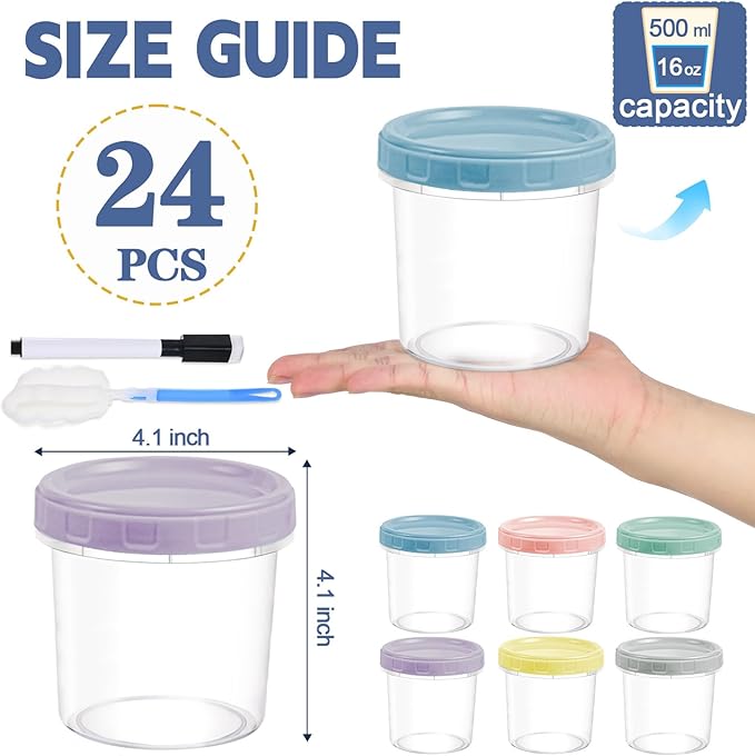24pcs 16 oz Plastic Deli Containers with Screw Lids, Small Freezer Container Reusable 2 Cup Food Storage Container with Pen & Brush for Snack Salad Fruit, Microwave & Dishwasher Safe BPA Free