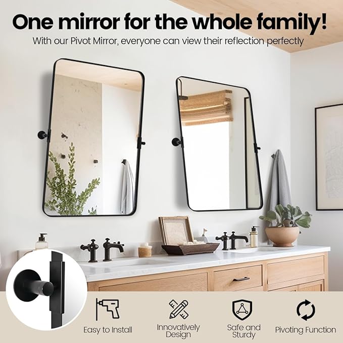 ANDY STAR 22"x34" Matte Black Pivot Mirror for Bathroom, Metal Frame Bathroom Mirrors for Wall，Rectangle Titling Vanity Wall Mirror with Rounded Corner Design Hangs Vertically Only