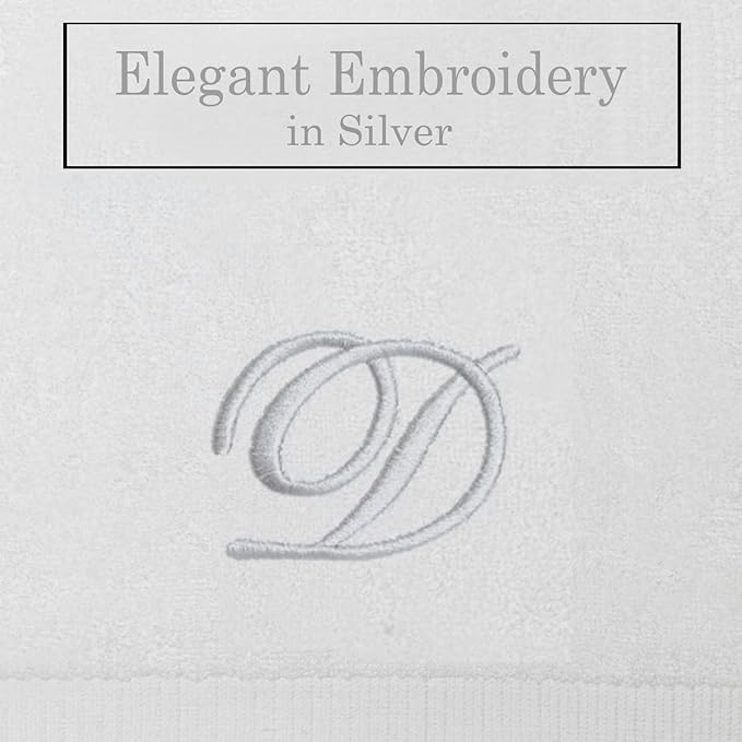 White Monogrammed Hand Towels for Bathroom - Luxury Hotel Quality Personalized Initial Embroidered Towel for Powder Room, Spa - GOTS Organic Certified - Set of 2 Silver Letter D