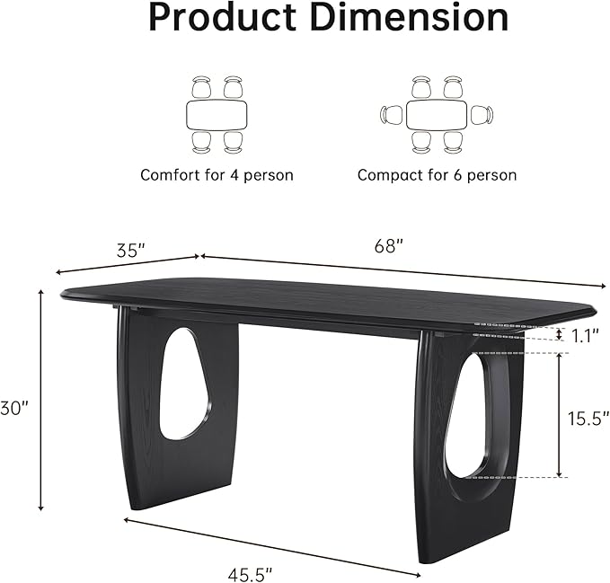 Morden Fort Modern Dining Table for 4-6 People,68'' Rectangle Dining Table, Kitchen Table with Pedestal Base, Dinner Table for Dining Room, Kitchen, Living Room (Black)
