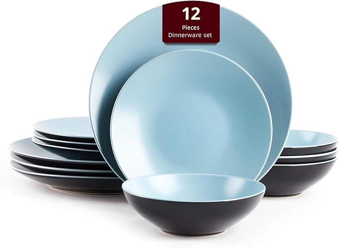 Stoneware Two-Tone Colors Life 12pc Dinner Set, Outside Shiny Black + Inside Matte Glaze Turquoise