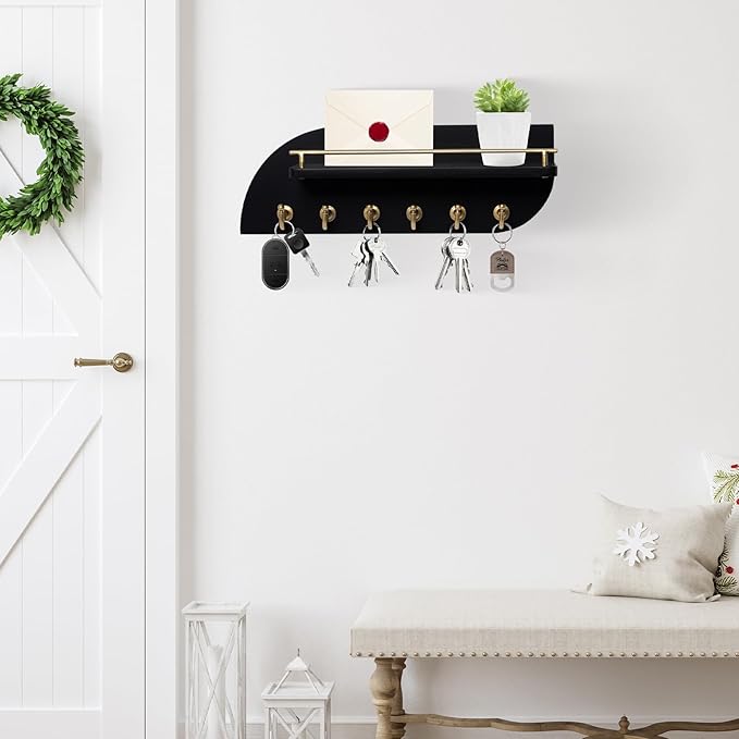 Key Holder for Wall, Wood Wall Mounted Key Rack with 6 Sturdy Metal Hooks for Bags, Coats, Umbrella, 14 Inches Mail Organizer for Home Entryway Decor, Black and Gold