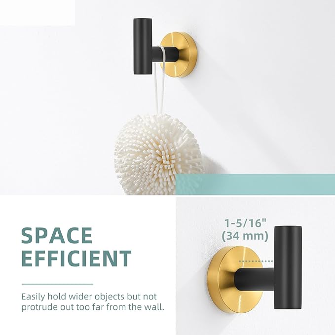 Angle Simple Towel Hook Black & Gold, Stainless Steel Bathroom Towel Holder, Round Clothing Robe Hook Wall Mount