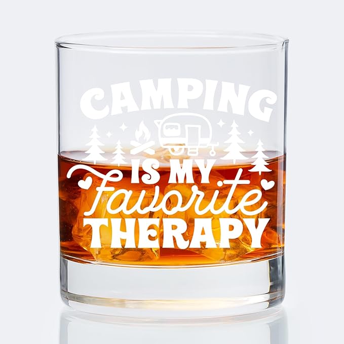 Camping Lovers Gifts Old Fashioned Whiskey Glasses, Rv Camper Gifts, Camping is My Favorite Therapy 10 oz Rocks Barware Cup for Cocktail Drinks Scotch Bourbon Liquor